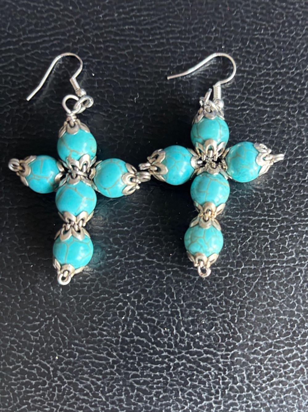 Turquoise Beaded Cross Drop Earrings - Unbranded